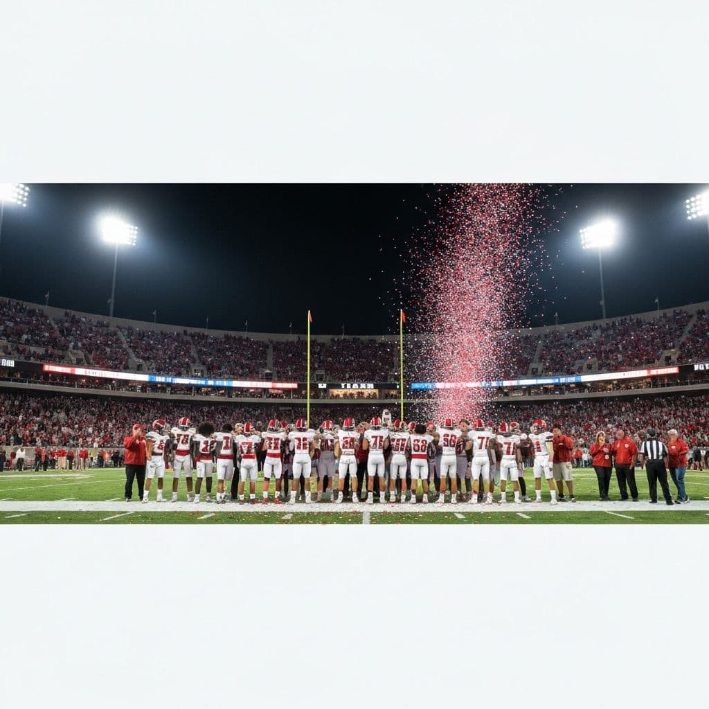 Katy Tigers celebrating a state championship victory under stadium lights